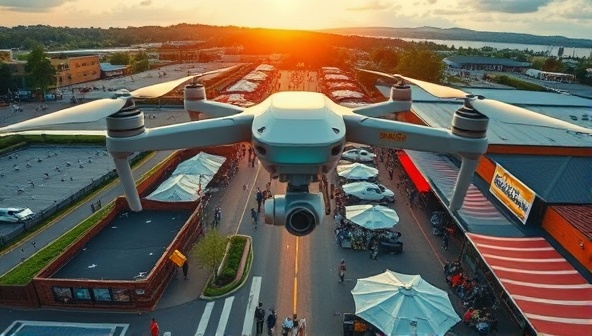 An impressive aerial shot captured by a drone showcasing a bustling local marketplace, outdoor event, or scenic location from a unique and dynamic perspective, highlighting the versatility and visual impact of drone-based marketing for local businesses.