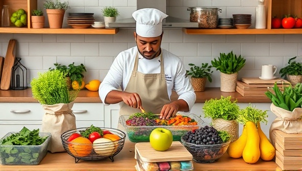 A kitchen scene showcasing a chef preparing vibrant plant-based dishes surrounded by fresh produce, reusable containers, and eco-friendly packaging, conveying a commitment to sustainability in meal preparation.