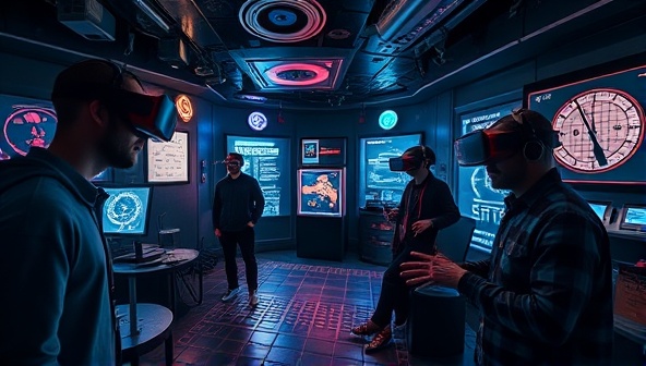 An immersive visualization of a VR escape room scenario with players wearing VR headsets, interacting with virtual puzzles and clues, surrounded by futuristic and mysterious digital environments, capturing the essence of the VR Escape Room Experience.