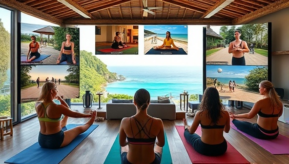 A dynamic digital fitness retreat setting featuring live-streamed workout classes, wellness workshops, and outdoor activities, with participants engaging in yoga poses, cardio exercises, and relaxation sessions, capturing the energy and vibrancy of FitVentureGlobal's virtual fitness retreats.
