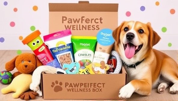 An adorable pet-themed subscription box filled with colorful toys, nutritious treats, grooming products, and a happy pet enjoying the contents, creating a heartwarming and playful representation of the Pawfect Wellness Box.