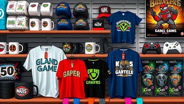 An array of colorful gaming merchandise items neatly displayed on a virtual store shelf, including gaming-themed t-shirts, mugs, keychains, and posters, appealing to gaming enthusiasts and collectors.