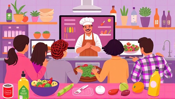 An artistic digital illustration of a virtual culinary workshop with a diverse group of participants following a chef's instructions on their screens, surrounded by vibrant food ingredients and kitchen tools, capturing the essence of a fun and educational cooking experience.