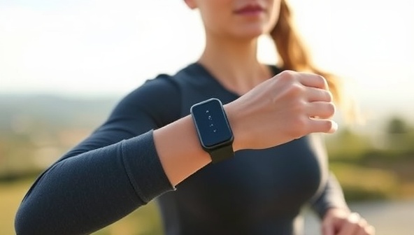 An active individual wearing the VitaTrack Wear device on their wrist, jogging outdoors with a scenic view in the background, showcasing the sleek design and functionality of the health monitoring wearable in action.