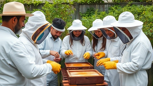 A group of diverse participants in beekeeping suits, engaged in a hands-on honey extraction session amidst urban greenery, highlighting the educational and interactive nature of the urban beekeeping experience.