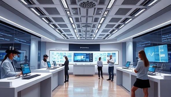 An immersive VR environment showcasing a futuristic virtual bank branch with digital tellers, interactive financial tools, and customers engaging in virtual consultations, conveying a seamless blend of technology and traditional banking services.