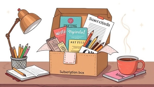 An illustrated representation of a subscription box filled with writing tools, inspiration cards, colorful stationery, and a creative writing prompt booklet, surrounded by a cozy writing desk setup and a steaming cup of tea, evoking a sense of creativity and anticipation for subscribers.