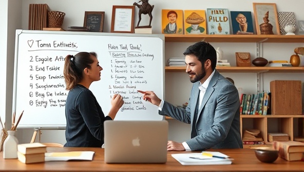 An engaging virtual language coaching session scene featuring a coach and a professional discussing language exercises and cultural nuances on a virtual whiteboard, with language learning resources and cultural artifacts in the background, symbolizing the dynamic and interactive nature of LingoPro Coach's remote language coaching services.