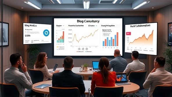 A digital consultancy scene featuring a virtual meeting room with screens displaying blog analytics, revenue graphs, and brand collaboration opportunities, surrounded by a team of consultants providing tailored advice and strategies to bloggers, conveying professionalism and growth potential in blog monetization.