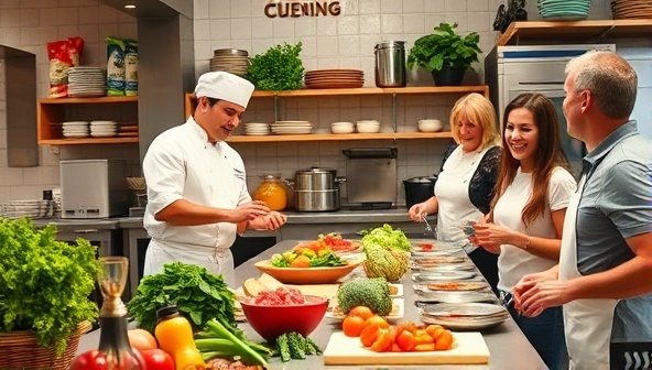 A vibrant kitchen setting with fresh ingredients neatly displayed, a chef demonstrating a cooking technique, and customers happily interacting and learning, portraying a dynamic and interactive culinary experience.