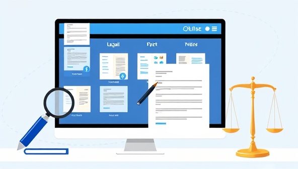 An image of a user-friendly online platform displaying a variety of legal document templates with a user editing a contract template, surrounded by icons of a pen, magnifying glass, and legal scales, symbolizing convenience and legal empowerment.
