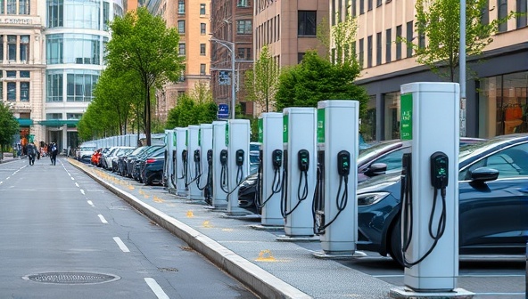 An urban streetscape with a row of sleek, modern EV charging stations lined up, with EVs parked and charging, showcasing the convenience and accessibility of the subscription network in a bustling city environment.