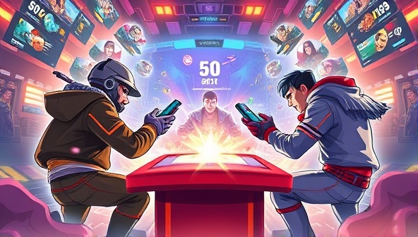 An engaging digital illustration showcasing competitive mobile gamers facing off in intense tournaments on the SkillQuest Arena platform, surrounded by futuristic gaming interfaces and dynamic gameplay elements, illustrating the adrenaline-fueled excitement of skill-based mobile gaming challenges.