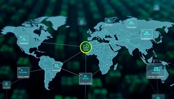 A digital visualization of a blockchain network connecting farmers, distributors, and consumers, with transparent data nodes showing product origins and handling processes, illustrating the secure and traceable nature of FarmChain Trace in the agricultural industry.