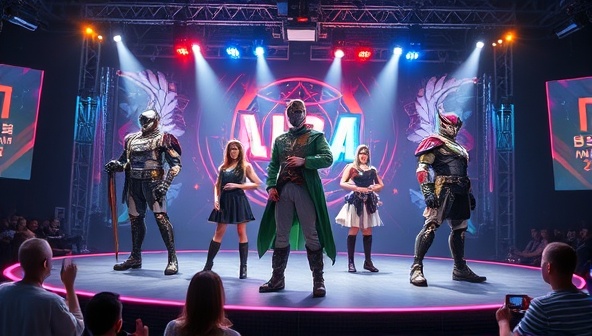 A virtual cosplay competition stage featuring digital avatars showcasing intricate gaming-inspired costumes, with themed backgrounds, lighting effects, and audience interactions, symbolizing creativity and community in virtual cosplay events.