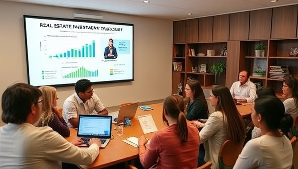 A virtual classroom setting with a diverse group of students engaging in a real estate investment webinar led by an industry expert, with interactive charts, investment case studies, and digital resources displayed on the screen, depicting a dynamic and informative learning environment.