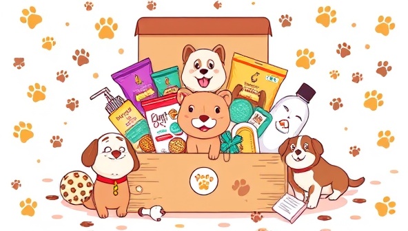 An adorable pet-themed subscription box overflowing with treats, toys, grooming products, and a personalized pet tag, surrounded by paw prints and happy pet illustrations, evoking joy and pampering for furry friends.