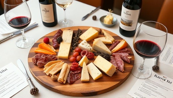 An elegant setup with a wooden charcuterie board adorned with assorted cheeses, charcuterie, and wine glasses, accompanied by tasting notes and decorative accents, exuding sophistication and indulgence for a virtual tasting event.