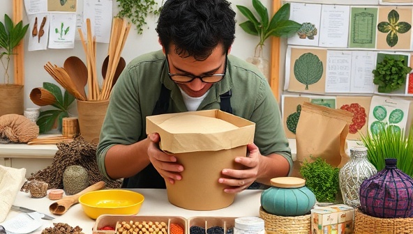An artisan crafting a biodegradable packaging container, surrounded by eco-friendly materials, natural dyes, and green packaging samples, illustrating the blend of sustainability, innovation, and functionality in biodegradable packaging manufacturing.