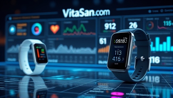A futuristic visual representation of VitaScan Health wearable devices monitoring vital signs and health metrics on a sleek digital interface, with real-time data visualizations and wellness recommendations, illustrating the advanced biometric monitoring capabilities and personalized health insights offered by the subscription service.