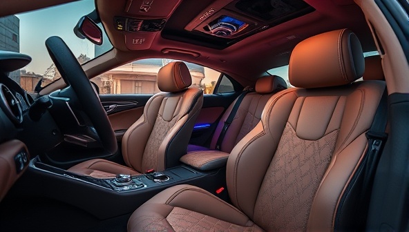 A luxurious car interior showcasing custom upholstery, premium audio system, ambient lighting, and personalized accessories, exuding elegance and sophistication to highlight Interior Revive Studios' craftsmanship and attention to detail in automotive interior customization.
