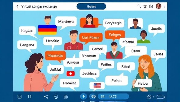 An interactive online interface showing users from different countries engaging in a virtual language exchange, with speech bubbles in various languages, creating a vibrant and diverse learning environment.