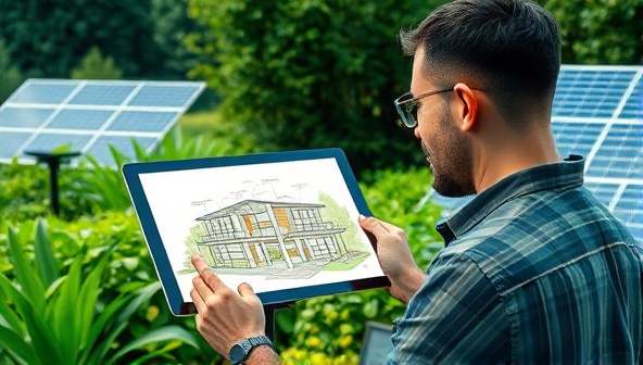 An architect sketching a green building concept on a tablet, surrounded by lush greenery and solar panels, illustrating a harmonious blend of nature and technology.