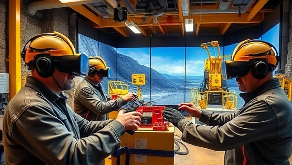An immersive VR simulation of a mining operation with trainees wearing VR headsets and interacting with virtual equipment, creating a realistic and engaging training experience, emphasizing hands-on learning and skill development.