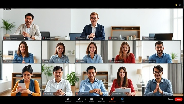 An international virtual classroom setting with diverse professionals engaging in language exercises, cultural exchange activities, and team-building exercises, representing a collaborative and immersive learning environment for global language training.