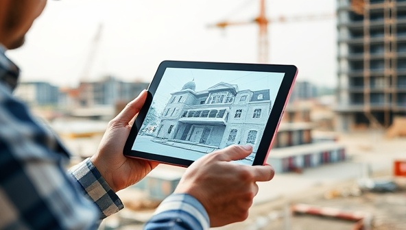 An architect using the ARchive Design Studio app on a tablet, visualizing a 3D architectural model overlaid on a real construction site, demonstrating the seamless integration of AR technology in architectural design processes.