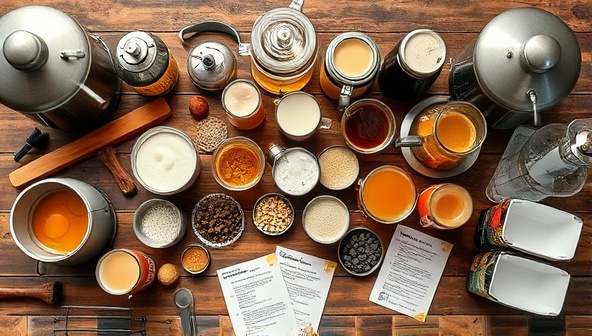 An array of brewing ingredients and equipment neatly arranged on a rustic wooden table, with brewing guides and recipe cards scattered around, evoking the artisanal and hands-on nature of home brewing.