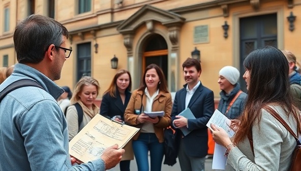 An image of a group of tour participants listening attentively to a guide in front of a historic building, with architectural sketches and maps in hand, capturing the essence of immersive urban exploration.