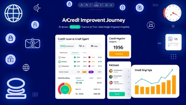 An AI-powered credit score improvement platform interface showing a user's credit report analysis, personalized credit score recommendations, dispute resolution options, and credit-building tips, surrounded by credit score icons, financial graphs, and a virtual mentor guiding the credit improvement journey.