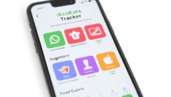 A smartphone screen displaying the EcoEats Tracker app interface with colorful icons for ingredient tracking, recipe suggestions, and food expiration alerts, showcasing the user-friendly design and functionality of the food waste reduction app.