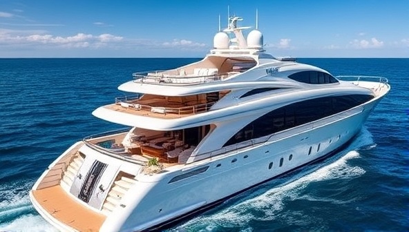 A luxurious image of a sleek yacht adorned with poker-themed decorations, elegant furnishings, and high-end amenities, set against a backdrop of serene blue waters and clear skies, showcasing the exclusive and opulent setting of Royal Flush Cruise.