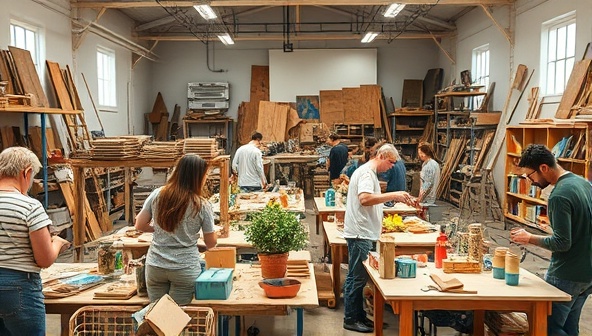 An inspiring image of a bustling workshop space filled with participants creatively upcycling construction waste into art pieces and functional items, showcasing the transformation of discarded materials into unique creations.