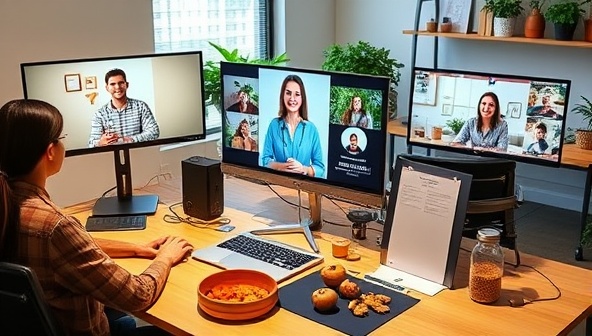 A digital workspace with virtual wellness sessions displayed on screens, ergonomic office setups, and healthy snack options, illustrating the focus on employee health and wellbeing in remote work environments at Virtual Wellbeing Partners.