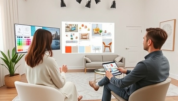A virtual design studio setup with a designer creating digital mood boards, exploring color palettes, furniture layouts, and decor options, alongside a client virtually reviewing the proposed design concepts, capturing the essence of virtual interior design collaboration and creativity.