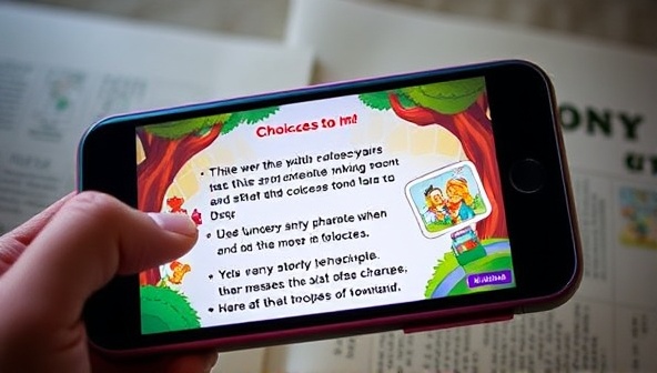 A captivating visual of a mobile screen displaying a vibrant, interactive story scene with choices for the user to make, featuring colorful illustrations and engaging text, immersing the viewer in the storytelling experience.