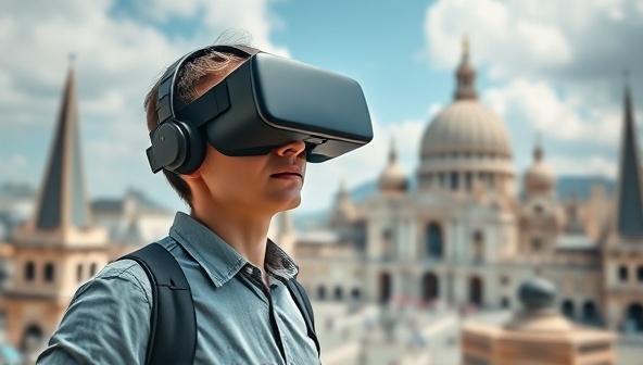 An immersive VR experience showcasing a user wearing a VR headset, exploring a lifelike digital replica of a famous travel destination, surrounded by virtual elements that evoke a sense of presence and exploration.