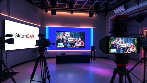 A sleek and modern studio setup with professional streaming equipment, graphic overlays displaying client branding, and interactive features for audience participation, illustrating the customization and engagement possibilities of live streaming events at StreamCraft Studios.