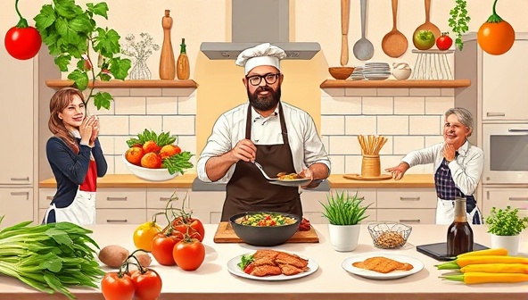 A vibrant and appetizing visual representation of a virtual cooking class setting with a chef demonstrating a recipe, surrounded by fresh ingredients, cooking utensils, and enthusiastic participants following along from their kitchens, evoking a sense of culinary creativity and community.