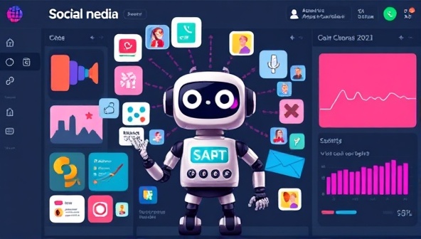 An AI-powered robot character brainstorming creative social media post ideas on a digital interface, surrounded by colorful content blocks and engagement metrics, symbolizing the tool's efficiency in generating engaging social media content effortlessly.