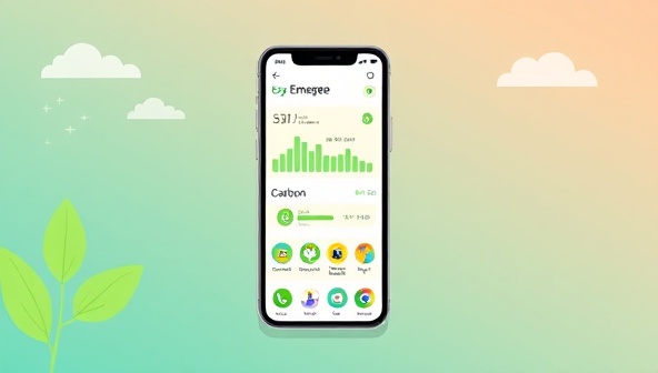 A digital illustration of a smartphone displaying the EcoBank Emerge app interface, with vibrant eco-friendly visuals, graphs tracking carbon emissions, and icons representing sustainable investment options, conveying a blend of finance and environmental consciousness in a modern digital setting.