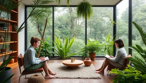 An image of a serene virtual writing retreat setting with multiple writers engaged in a digital workshop, surrounded by virtual greenery and calming elements, creating a peaceful and focused environment for creative writing and inspiration.