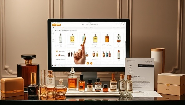An elegant image showcasing a virtual fragrance creation session, with a perfumer guiding a client through scent samples, blending tools, and ingredient bottles on a digital interface, surrounded by luxurious packaging options and a personalized scent profile report, evoking a sense of luxury and customization in fragrance creation.