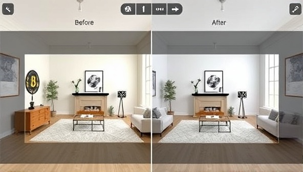 An interactive virtual renovation simulation displaying a room transformation with sliding before-and-after images, furniture changes, and color schemes, illustrating the power of visualization in renovation planning.
