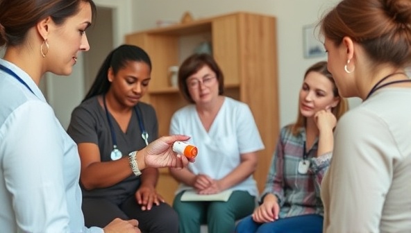 A caregiver training session scene with a professional instructor demonstrating medication administration techniques to a group of attentive caregivers, emphasizing the importance of proper medication management and safety protocols in home care settings.