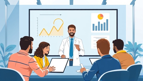 An illustration of a virtual CFO guiding a group of diverse business owners through a digital financial strategy session, showcasing expertise and collaboration in a virtual setting.