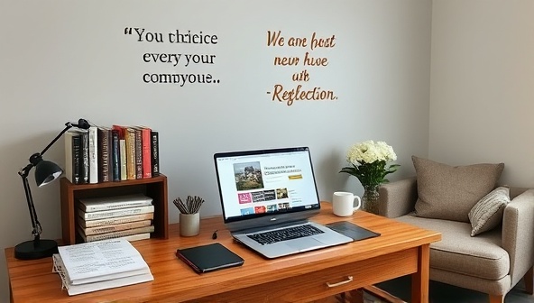 An inviting home office setup with a desk adorned with career development books, a laptop displaying job search websites, motivational quotes on the wall, and a cozy reading nook for reflection, creating a conducive environment for online career coaching sessions.